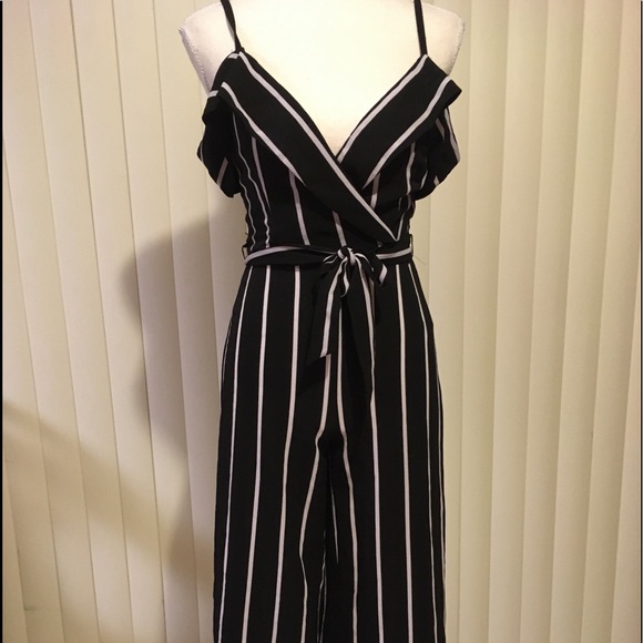 by & by Pants - By & By Trendy Jumpsuit Palazzo Pants Black and White Stripes
